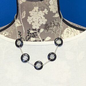 Vintage Runway Silver Tone with Decorative Black Round Designed Discs Necklace